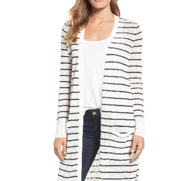 Halogen Sweaters - Halogen Long Open Black And Ivory Striped Cardigan